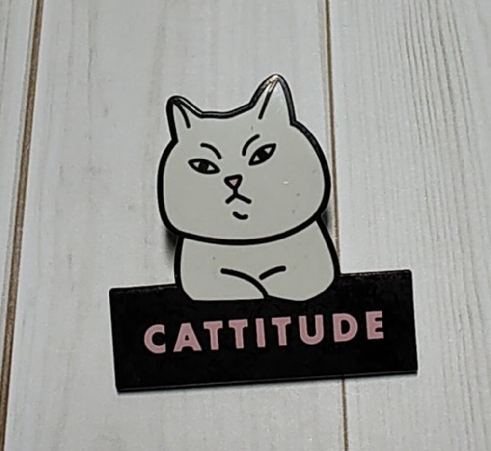 White Cat Cattitude Pin for a Hat, Lapel, Lanyard, Jacket or Backpack